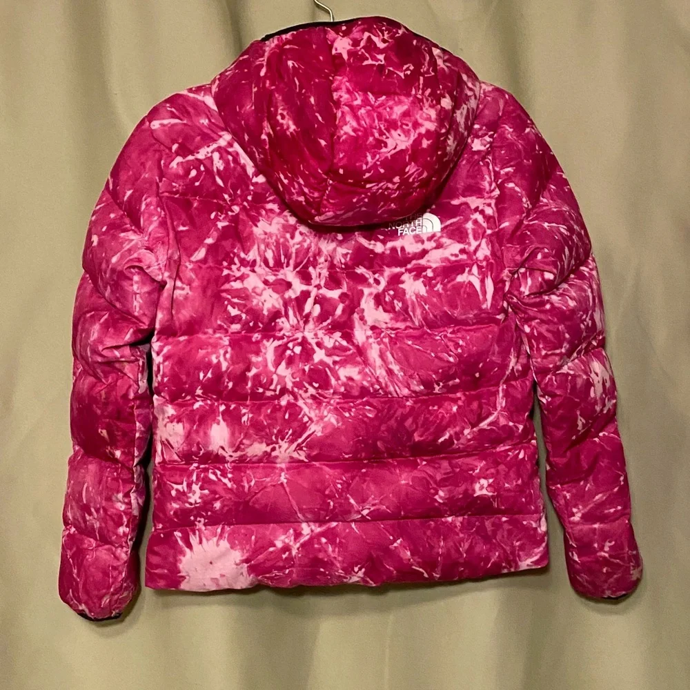 The North Face Winter Outdoor Printed Hooded Puffer 600 Fuchsia Pink Splash L